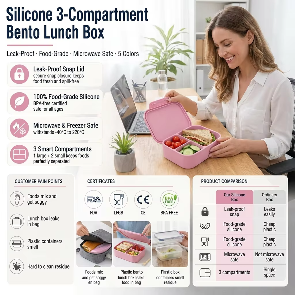 Nuevos contenedores de comida de silicona plegables sin BPA, compartimentos de fiambrera Bento para ni&ntilde;os de dise&ntilde;o moderno para uso en la cocina