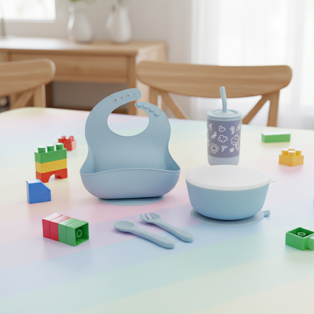 Fournitures d'alimentation en Silicone pour b&eacute;b&eacute;s, sans BPA, collation, vaisselle, tasse en Silicone, bavoir, assiette d'aspiration, bol, cuill&egrave;re et fourchette