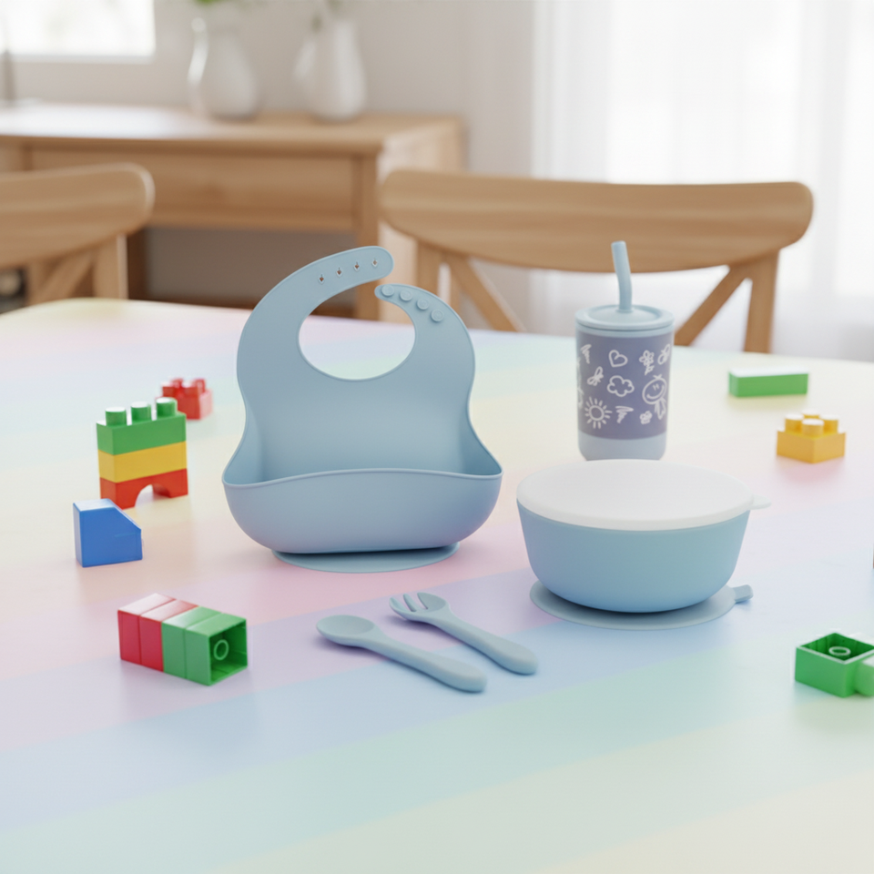 BPAフリー幼児シリコーンベビー給餌用品スナック食品食器シリコーンカップよだれかけ吸引プレートボウルスプーンとフォークセット