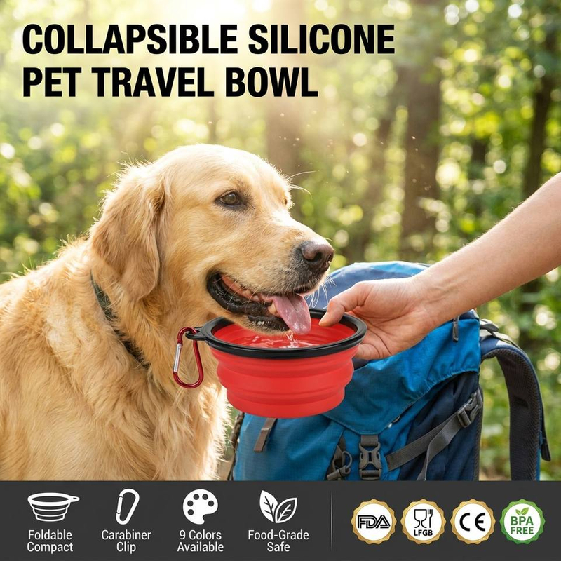 Bol pliable en Silicone pour animaux de compagnie, logo personnalis&eacute;, pour l'ext&eacute;rieur, facile &agrave; laver, bol pliable pour chien, bol pliable pour chiot avec mousquetons