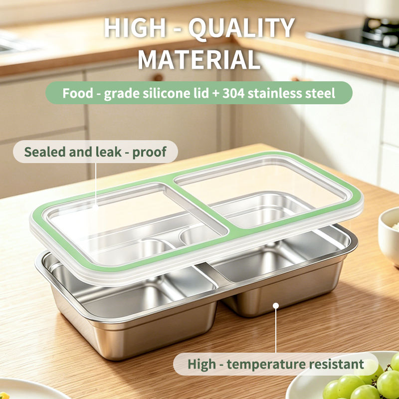 Caja Bento de acero inoxidable 304, compartimentos ecol&oacute;gicos, caja Tiffin escolar, fiambrera reutilizable, tapa de pl&aacute;stico calentable a prueba de fugas