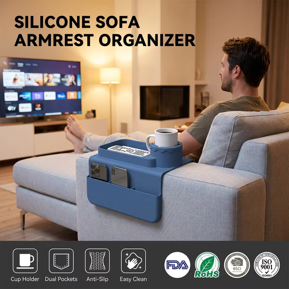 Nuevo Portavasos de silicona para sof&aacute;, bandeja port&aacute;til de silicona para reposabrazos de sof&aacute; para taza de caf&eacute;, tel&eacute;fono, aperitivos remotos