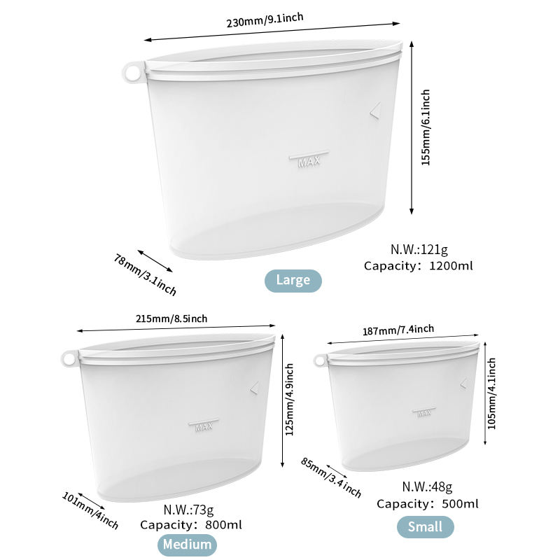 Bolsa de almacenamiento de alimentos Ziplock de silicona reutilizable de pie respetuosa con el medio ambiente sin BPA bolsas de congelador de silicona seguras de calidad alimentaria para alimentos