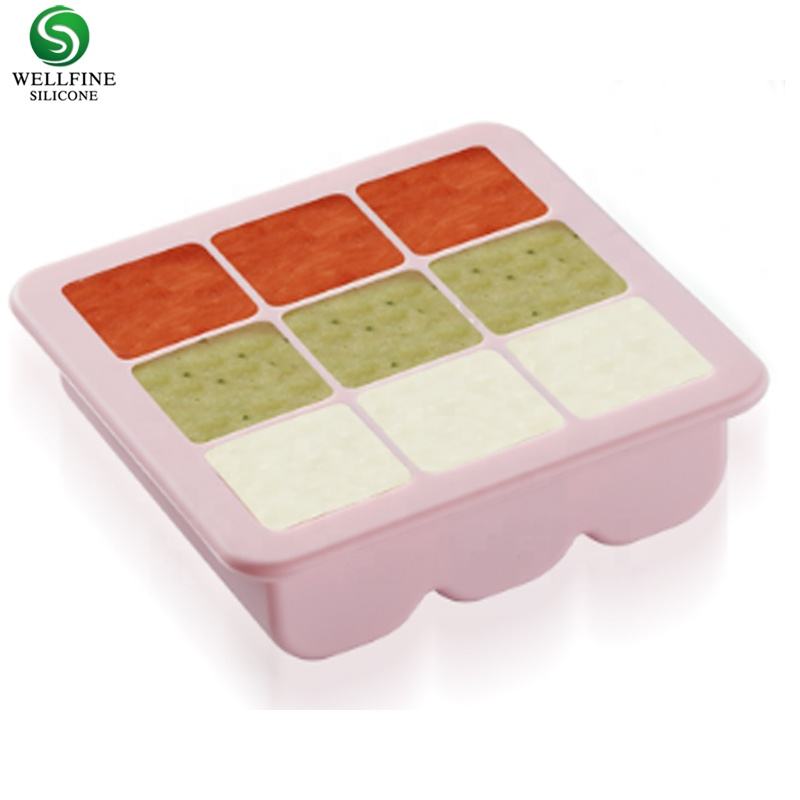 Plateau de cong&eacute;lation d'aliments pour b&eacute;b&eacute;s en Silicone platine 100%, bo&icirc;te &agrave; gla&ccedil;ons Europe 9 grilles avec couvercle