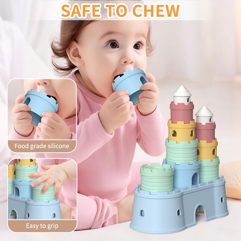 BPA 무료 실리콘 소프트 캐슬 빌딩 블록 젖니가 남 스태킹 Teether 어린이 교육용 아기 스태커 스태킹 장난감
