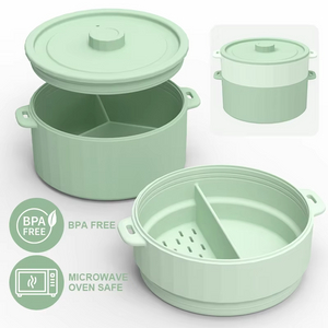 Vaporera de verduras para microondas de doble capa sin BPA, cubierta de silicona de calidad alimentaria ecol&oacute;gica, taz&oacute;n de vaporera funcional