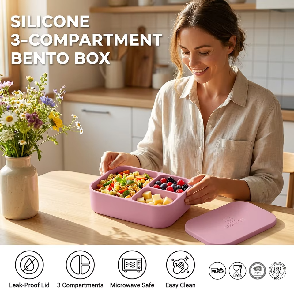 3 空洞シリコーン弁当ケース漏れ防止シリコーンソフトスナック食品グレードのシリコーン収納ボックス弁当箱
