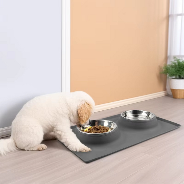 Nouveaut&eacute;s imperm&eacute;able &agrave; l'eau chats chiens animaux tapis en Silicone Double bol de nourriture mangeoire pour animal domestique tapis bol ensemble