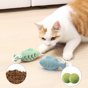 2025 reci&eacute;n llegados pez de silicona juguete gatos suministros para mascotas perros snacks juguetes de menta goma Happy Bite palo para gato