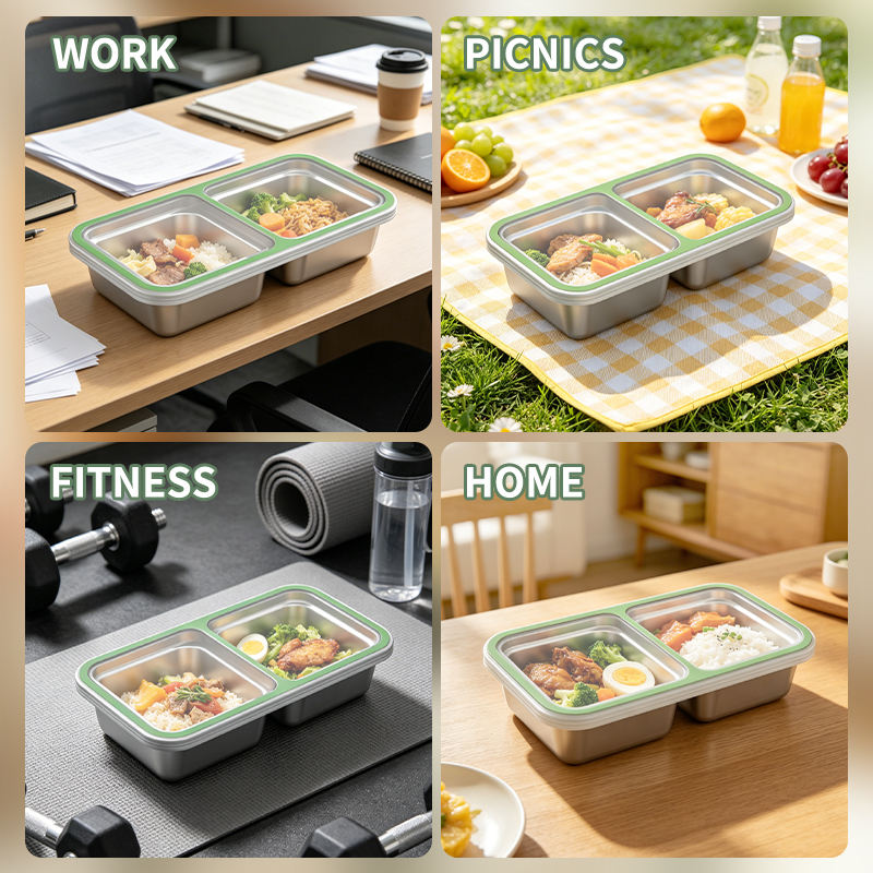 Caja Bento de acero inoxidable 304, compartimentos ecol&oacute;gicos, caja Tiffin escolar, fiambrera reutilizable, tapa de pl&aacute;stico calentable a prueba de fugas
