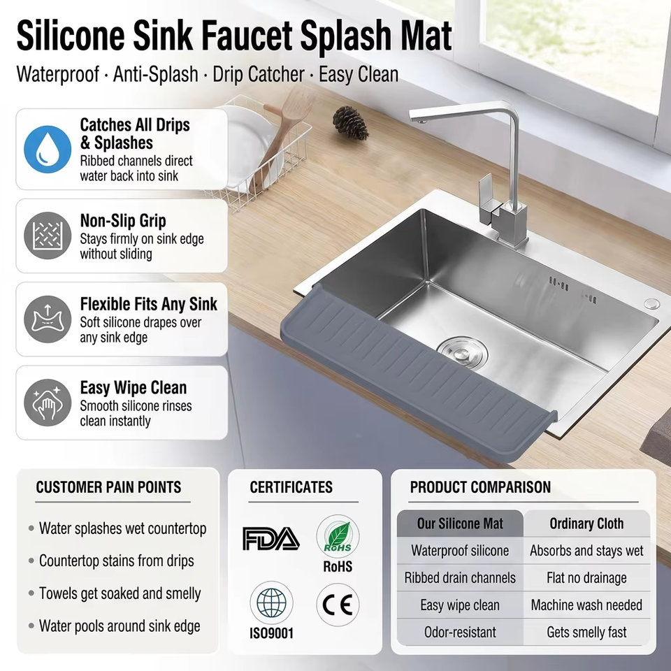 Wellfine – protection contre les &eacute;claboussures de robinet en Silicone, tapis collecteur d'eau, tapis d'&eacute;vier, tapis de s&eacute;chage, porte-&eacute;ponge, accessoire d'&eacute;vier de cuisine