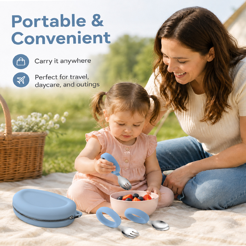 Ensemble cuill&egrave;re et fourchette pour b&eacute;b&eacute; en silicone – Acier inoxydable, sans BPA