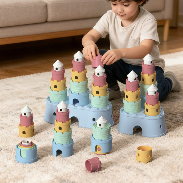 シリコンベビースタッカーおもちゃセット - ソフトキャッスルブロックおしゃぶり