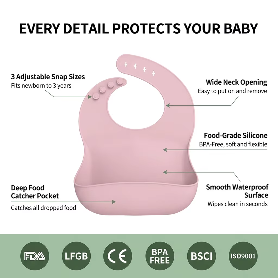 Baberos de silicona suave sin BPA para ni&ntilde;os, impermeables, impresos personalizados con cierre de bot&oacute;n, servicio OEM disponible