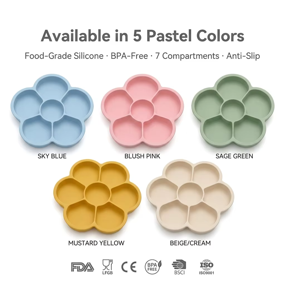 Wellfine BPA フリー子供給餌セットフラワープレート卸売食器ベビーシリコン吸引プレート食器ベビープレート蓋付き
