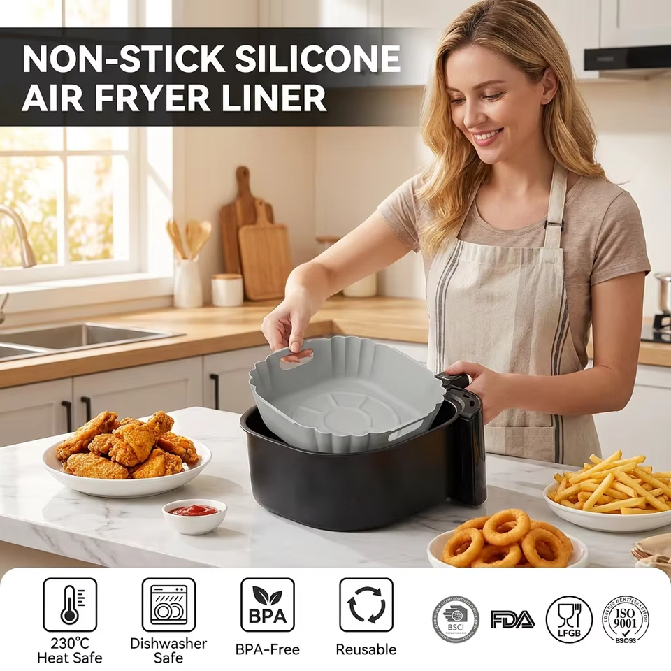 Venta al por mayor, freidora de aire sin BPA, olla de silicona, cesta de silicona redonda reutilizable, resistente al calor, f&aacute;cil limpieza, revestimientos de silicona para freidora de aire