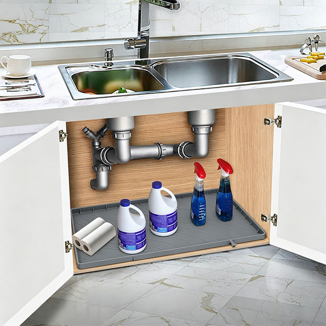 Bandeja de goteo de silicona impermeable de primera calidad, revestimiento de silicona para gabinete de cocina, protecci&oacute;n contra fugas de agua debajo del fregadero, estera de silicona