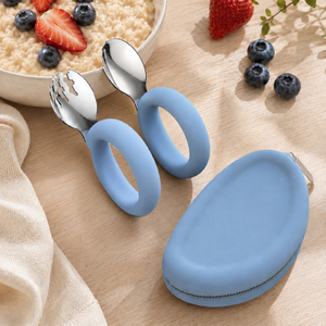 Ensemble cuill&egrave;re et fourchette pour b&eacute;b&eacute; en silicone – Acier inoxydable, sans BPA