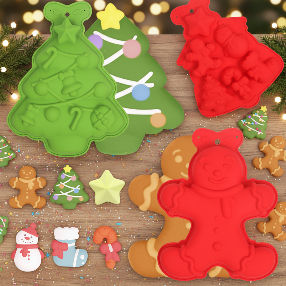 Moule de cuisson en Silicone pour arbre de no&euml;l, po&ecirc;le &agrave; th&egrave;me de vacances de qualit&eacute; alimentaire pour biscuits, bonbons, g&acirc;teaux au chocolat, pain