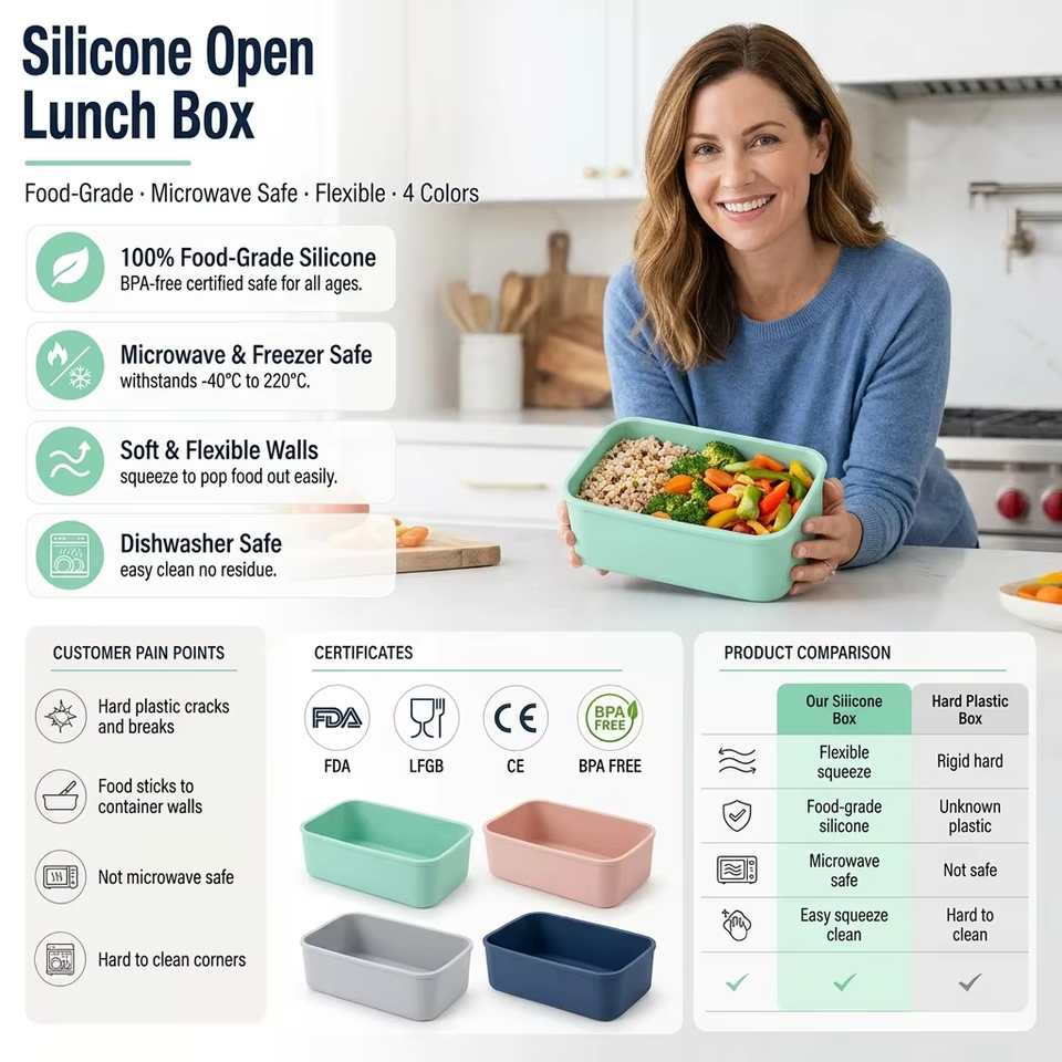 Caja Bento de silicona de 3 cavidades, caja de almacenamiento de silicona de grado alimenticio, aperitivos suaves de silicona a prueba de fugas, caja Bento