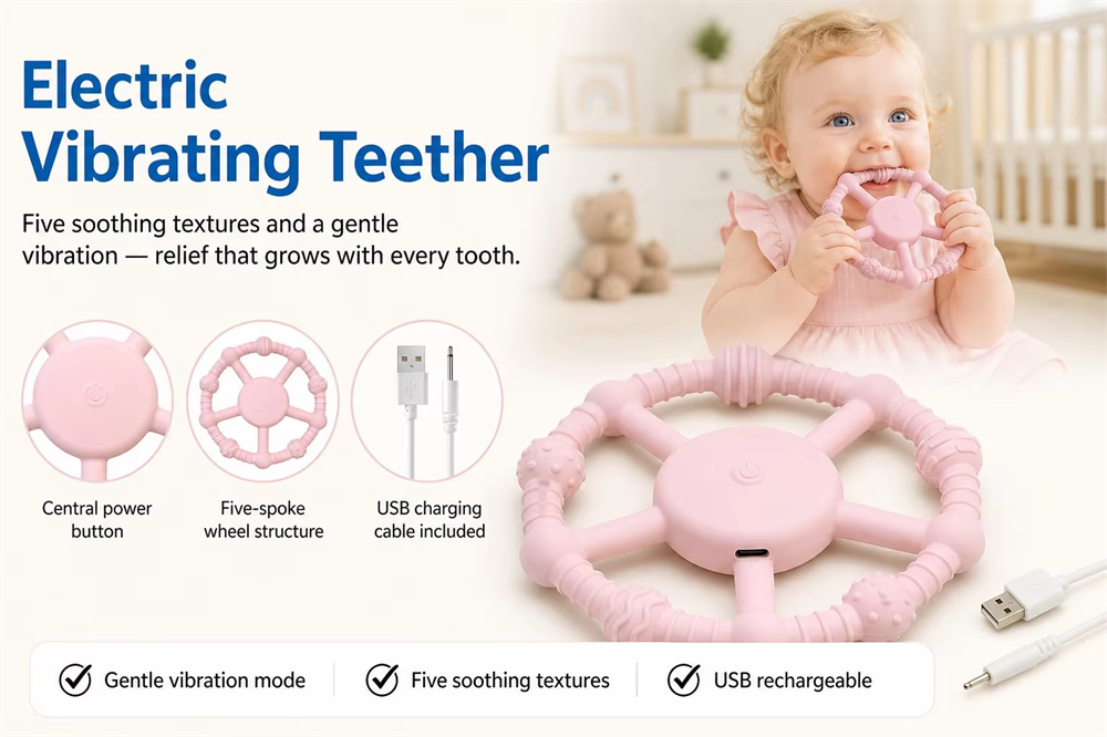 <span style='font-family:inter;'><span style='color:#2f4a52;'><strong>Anneau de dentition vibrant pour un soulagement plus doux de la dentition</strong></span></span><link href='https://fonts.googleapis.com/css?family=Inter' rel='stylesheet' type='text/css' />