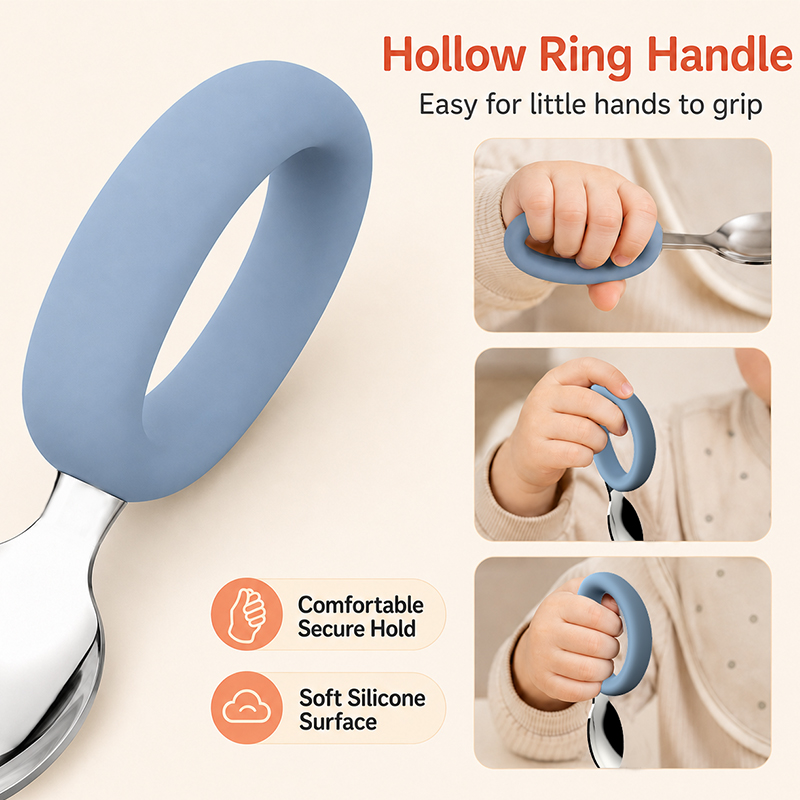 Ensemble cuill&egrave;re et fourchette pour b&eacute;b&eacute; en silicone – Acier inoxydable, sans BPA