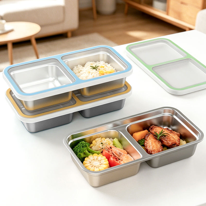 Caja Bento de acero inoxidable 304, compartimentos ecol&oacute;gicos, caja Tiffin escolar, fiambrera reutilizable, tapa de pl&aacute;stico calentable a prueba de fugas