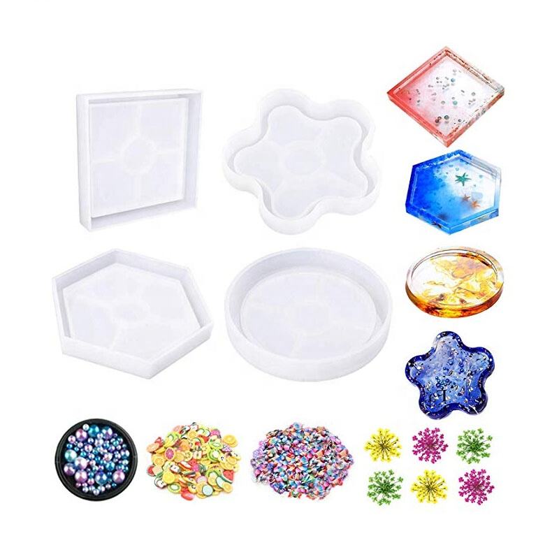 Moules en Silicone pour r&eacute;sine &eacute;poxy, 4 pi&egrave;ces, formes avec fleurs et perles, fabrication artisanale DIY