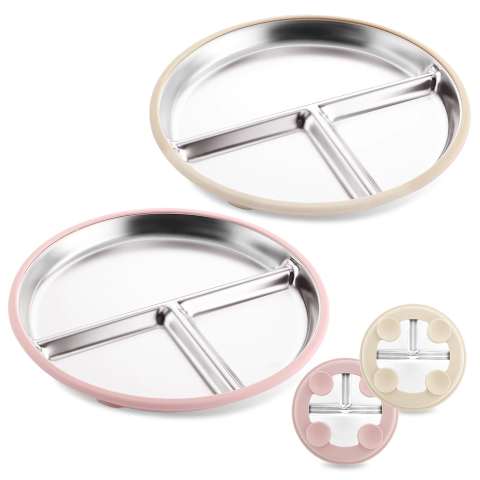 Juego de platos para ni&ntilde;os peque&ntilde;os de dise&ntilde;o cl&aacute;sico de acero inoxidable de 9 pulgadas, 4 vajillas divididas para ni&ntilde;os, no t&oacute;xicas, irrompibles y coloridas