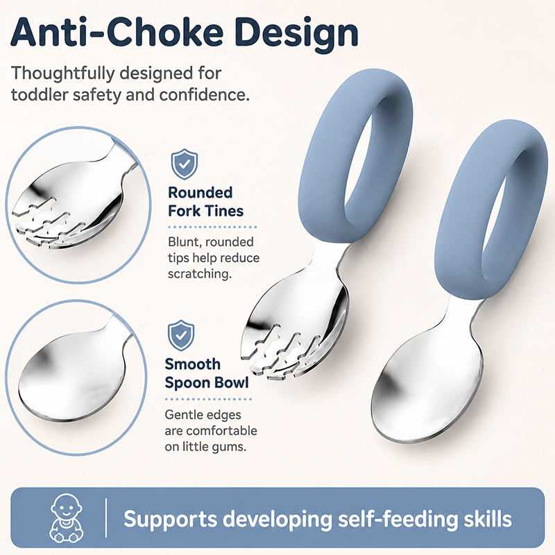 Ensemble cuill&egrave;re et fourchette pour b&eacute;b&eacute; en silicone – Acier inoxydable, sans BPA