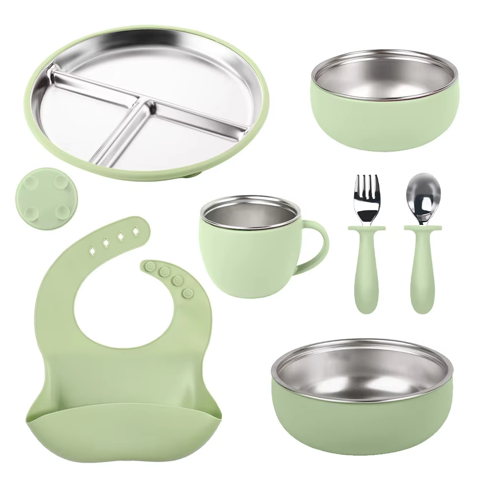 Wellfine-contenedor de comida para ni&ntilde;os, juego de cuencos de alimentaci&oacute;n de beb&eacute; de doble pared aislados de silicona y acero inoxidable