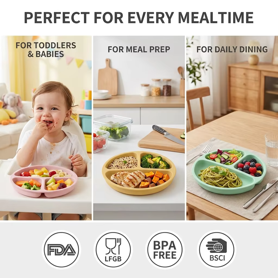 2027 新しい Bpa フリーシリコーンベビープレート蓋付き食品グレード子供幼児給餌吸引ディバイダーベビーシリコーンボウル