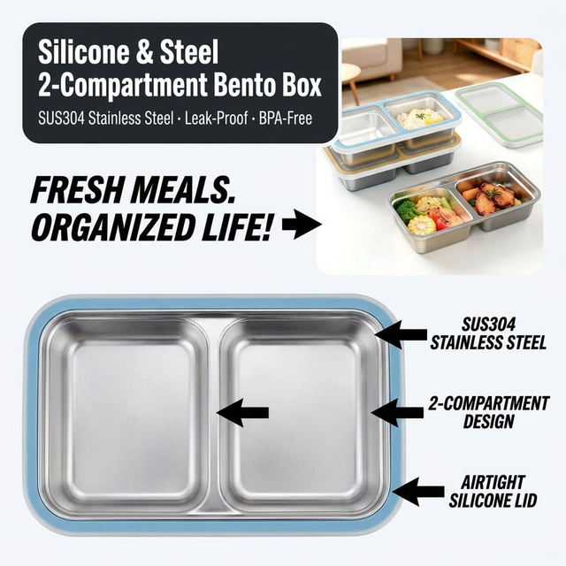 Bo&icirc;te &agrave; Bento &eacute;tanche &agrave; 2 compartiments en acier inoxydable 304, bo&icirc;te &agrave; Bento en m&eacute;tal pour enfants, conteneurs bo&icirc;te &agrave; d&eacute;jeuner Portable